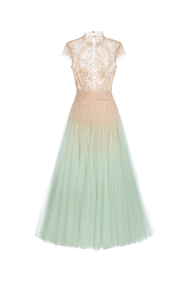 Mint ombré cut-out lace gown by Montsand, featuring elegant lace details and a flowing silhouette.
