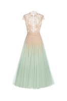 Mint ombré cut-out lace gown by Montsand, featuring elegant lace details and a flowing silhouette.