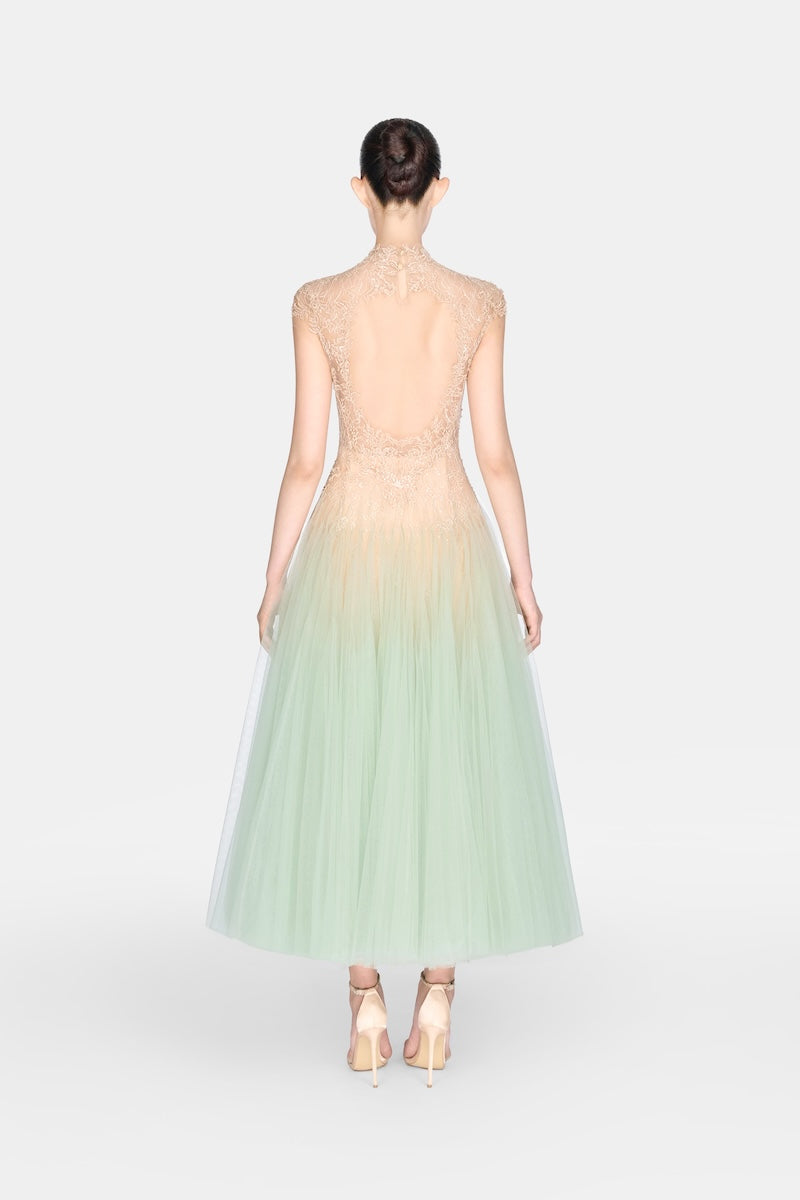Mint ombré cut-out lace gown by Montsand, featuring intricate lace details and elegant design, shown on a model.