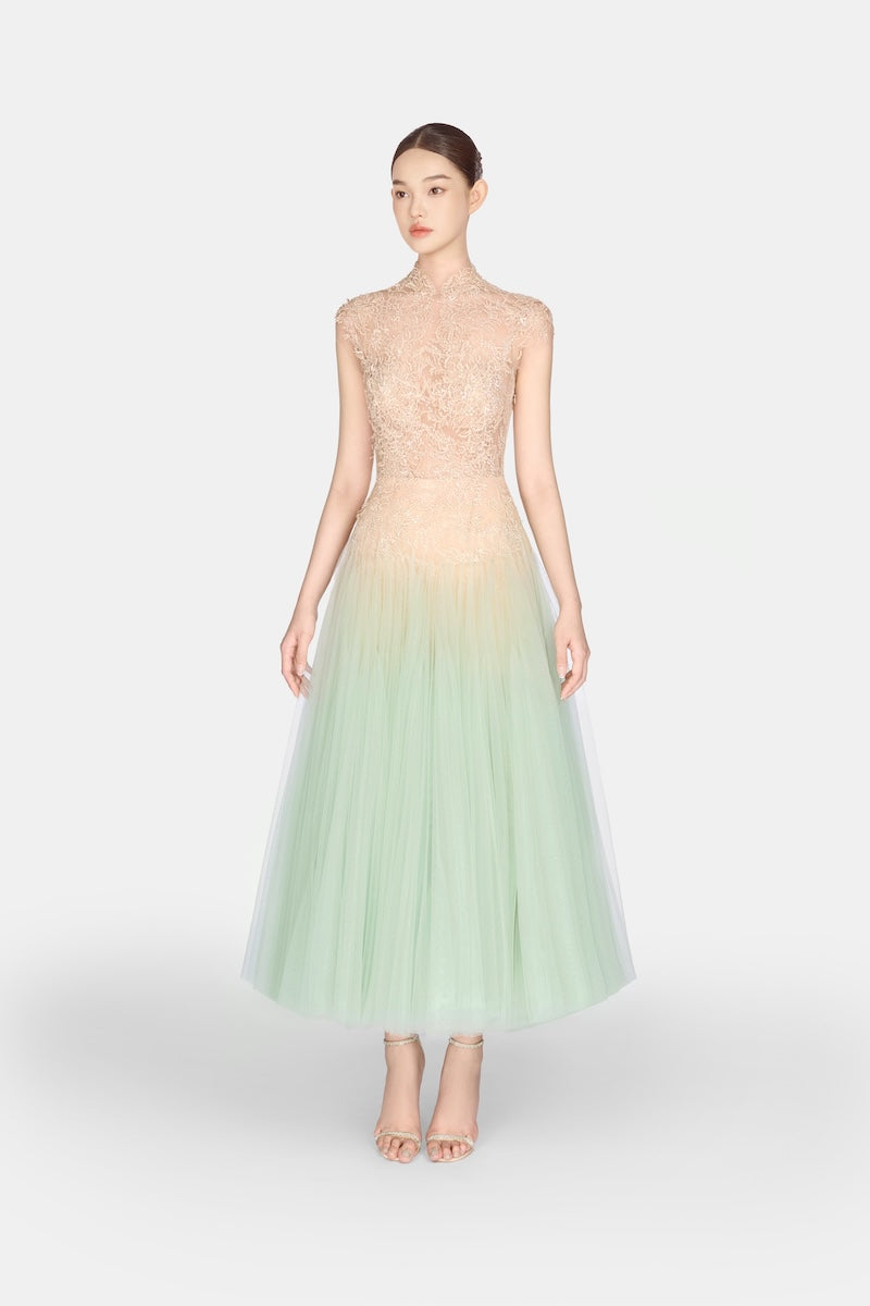 Mint ombré cut-out lace gown by Montsand, featuring elegant lace details and a flowing silhouette.
