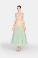 Mint ombré cut-out lace gown by Montsand, featuring elegant lace details and a flowing silhouette.