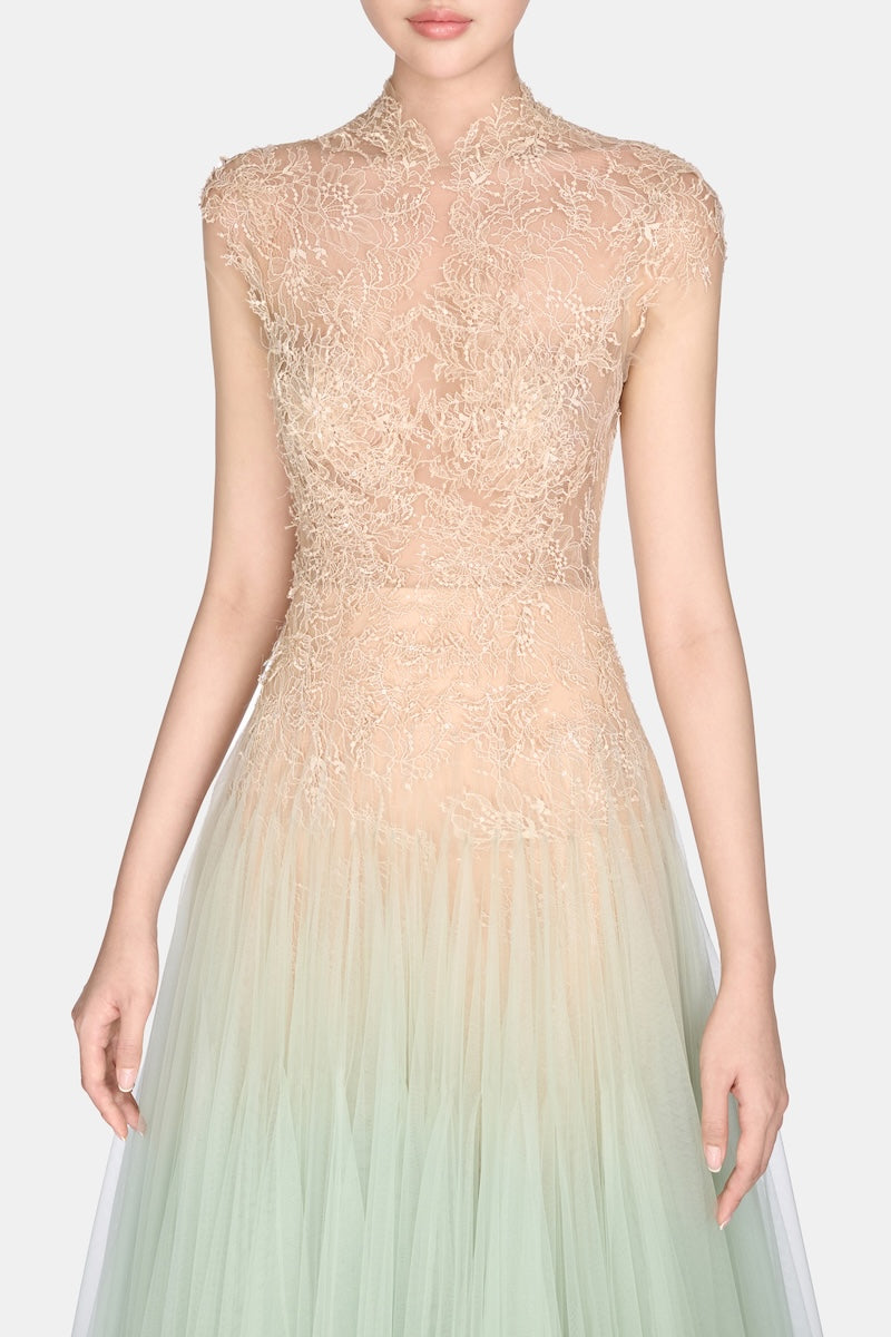 Mint ombré cut-out lace gown by Montsand, featuring intricate lace details and a flowing silhouette.