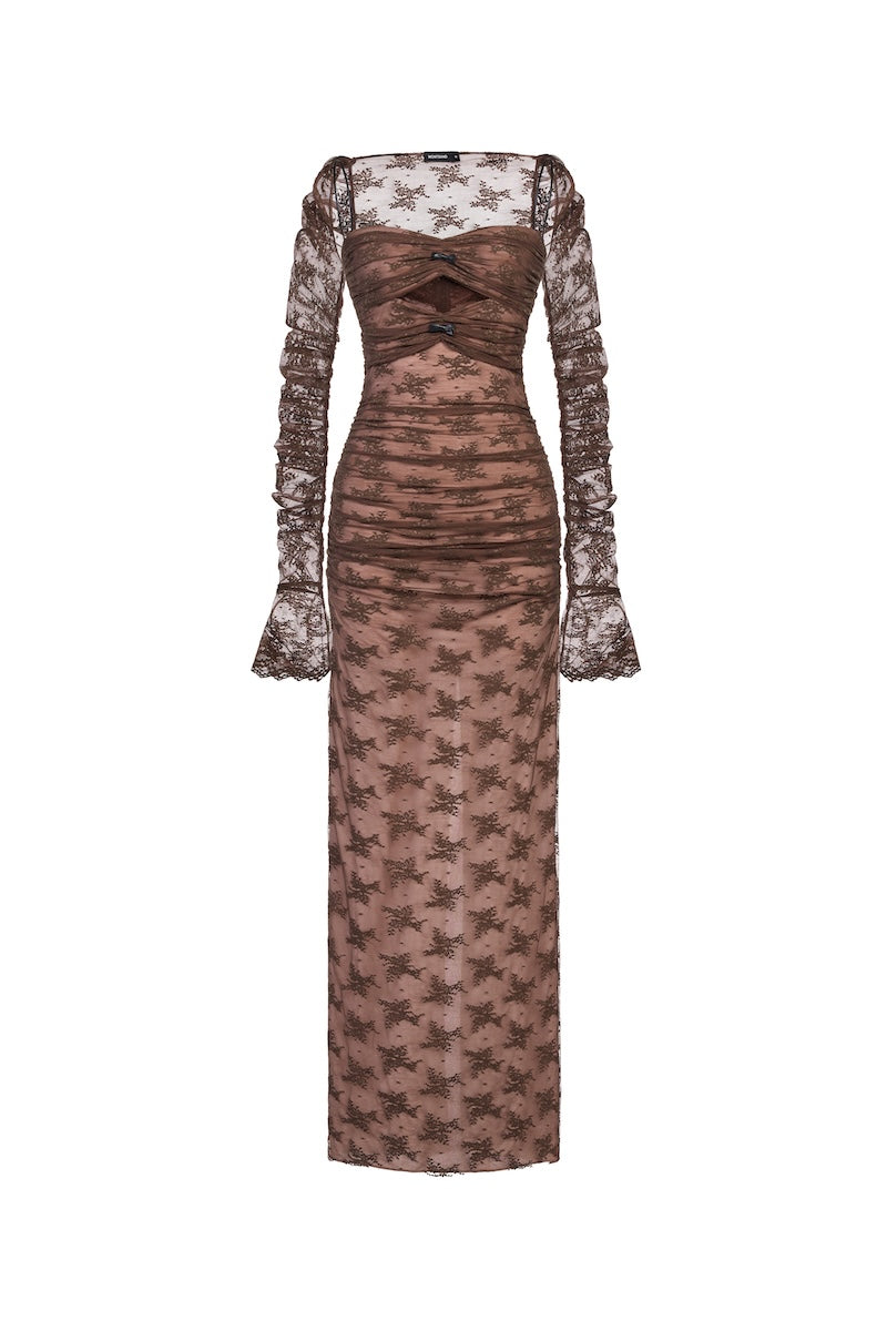 Brown Bow Cut Out Laces Maxi Dress by Montsand, featuring a flowing silhouette with bow details and cut-out lace accents.