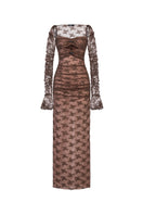 Brown Bow Cut Out Laces Maxi Dress by Montsand, featuring a flowing silhouette with bow details and cut-out lace accents.