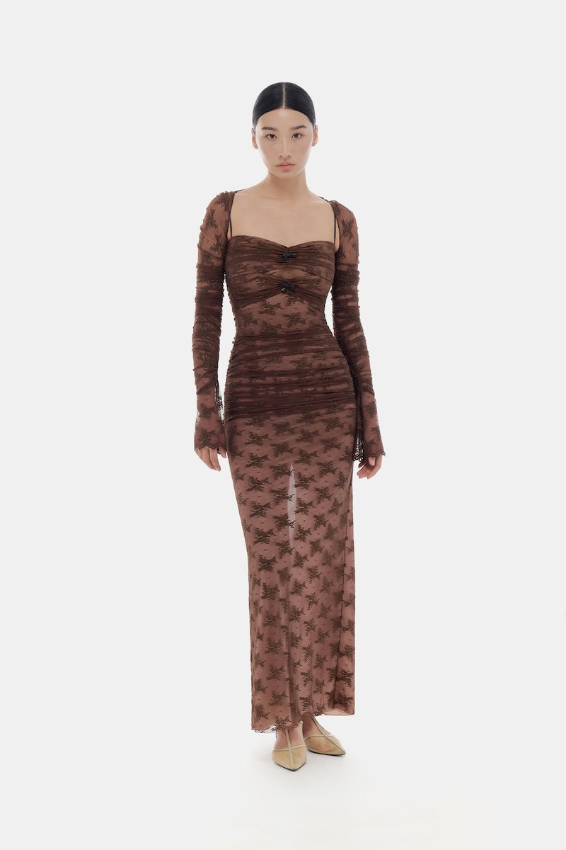 Brown Bow Cut Out Laces Maxi Dress by Montsand, featuring a flowing silhouette with cut-out lace details and a bow accent.