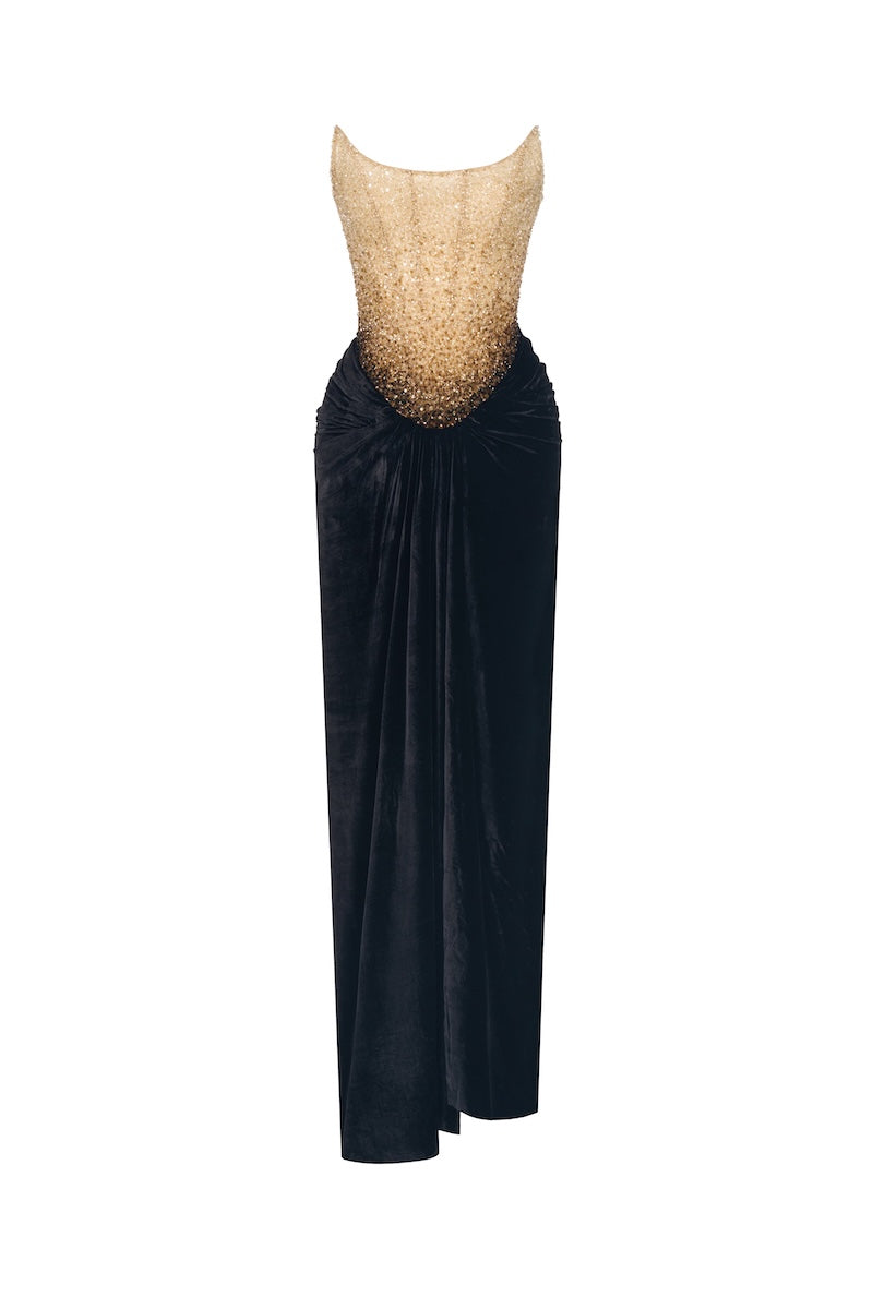 Montsand black champagne crystalized gown featuring elegant embellishments, perfect for formal occasions.