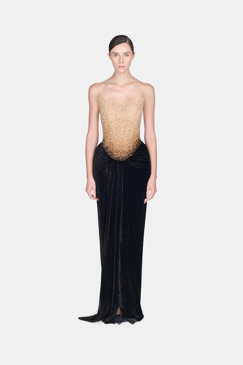 Black Champagne crystalized gown by Montsand featuring a luxurious, embellished design perfect for formal occasions.