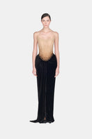 Black Champagne crystalized gown by Montsand featuring a luxurious, embellished design perfect for formal occasions.