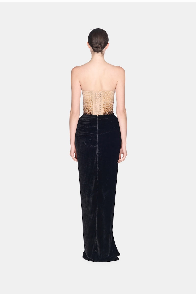 Black Champagne crystalized gown by Montsand with intricate beading and elegant design, perfect for formal occasions.