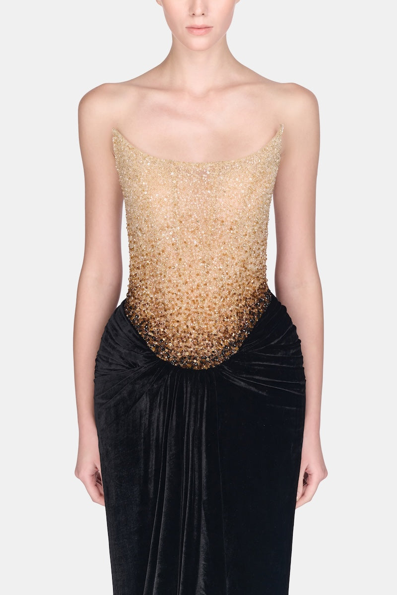Black Champagne Crystalized gown by Montsand featuring elegant crystal embellishments and a flowing silhouette.