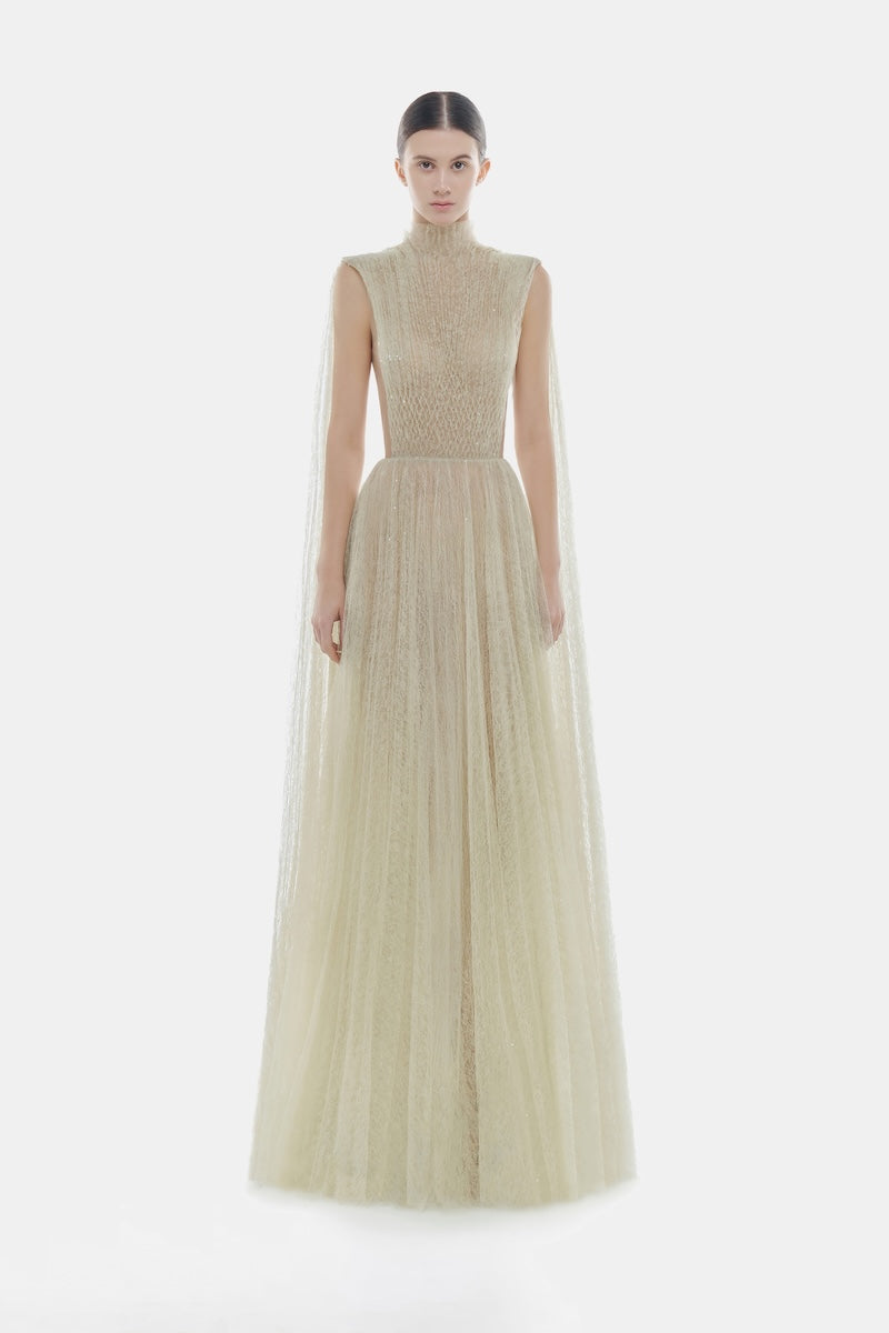 Mint smocked lace maxi dress by Montsand, featuring a flowing silhouette and intricate lace details, perfect for elegant occasions.