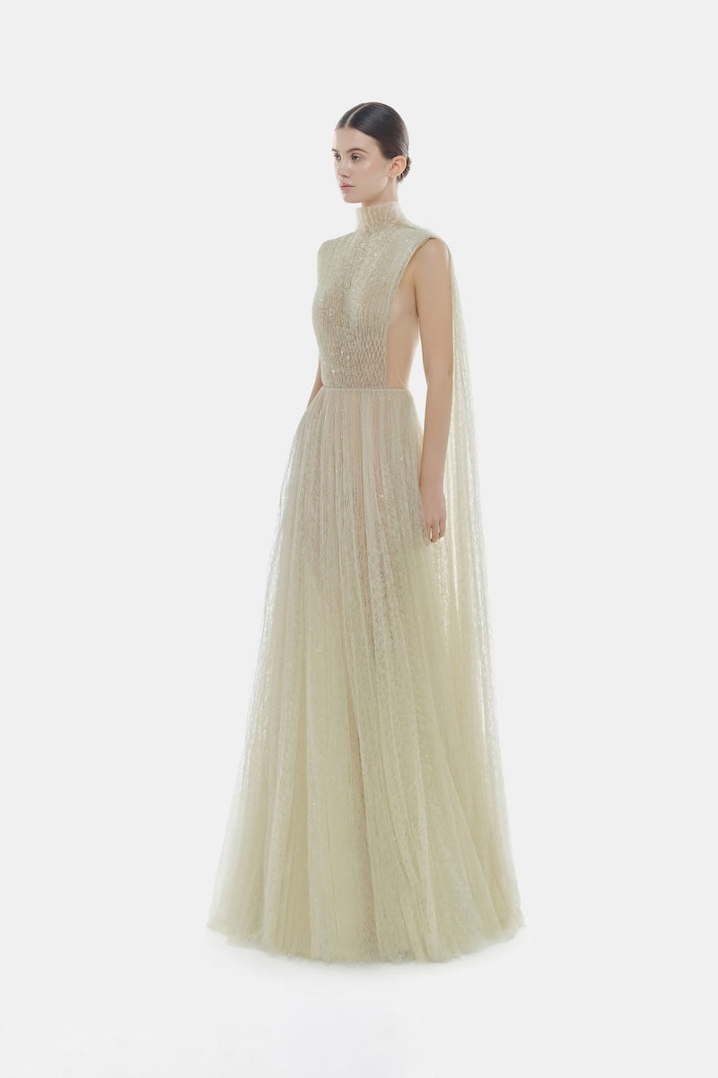 Mint smocked lace maxi dress by Montsand, featuring delicate lace details and a flowing silhouette, perfect for elegant occasions.