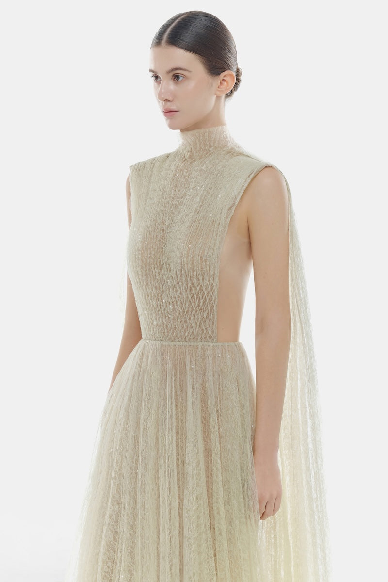 Mint smocked lace maxi dress by Montsand, featuring a flowing design with delicate lace details and a comfortable fit.