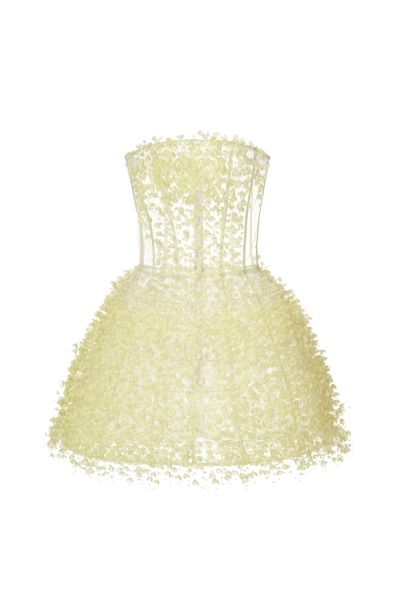 Montsand Lime Flowers mini dress with a fitted silhouette, featuring a vibrant floral pattern and short sleeves.