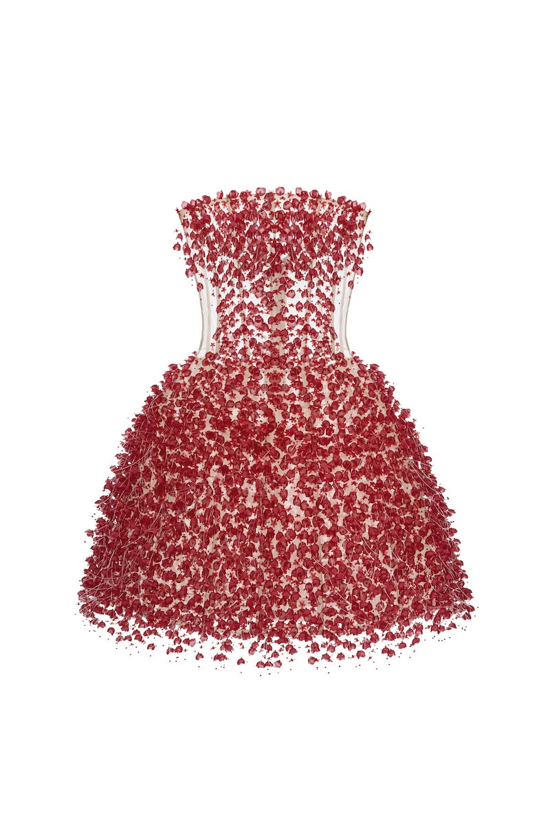 Red Flowers mini dress by Montsand, featuring a floral print, short sleeves, and a fitted silhouette perfect for summer wear.
