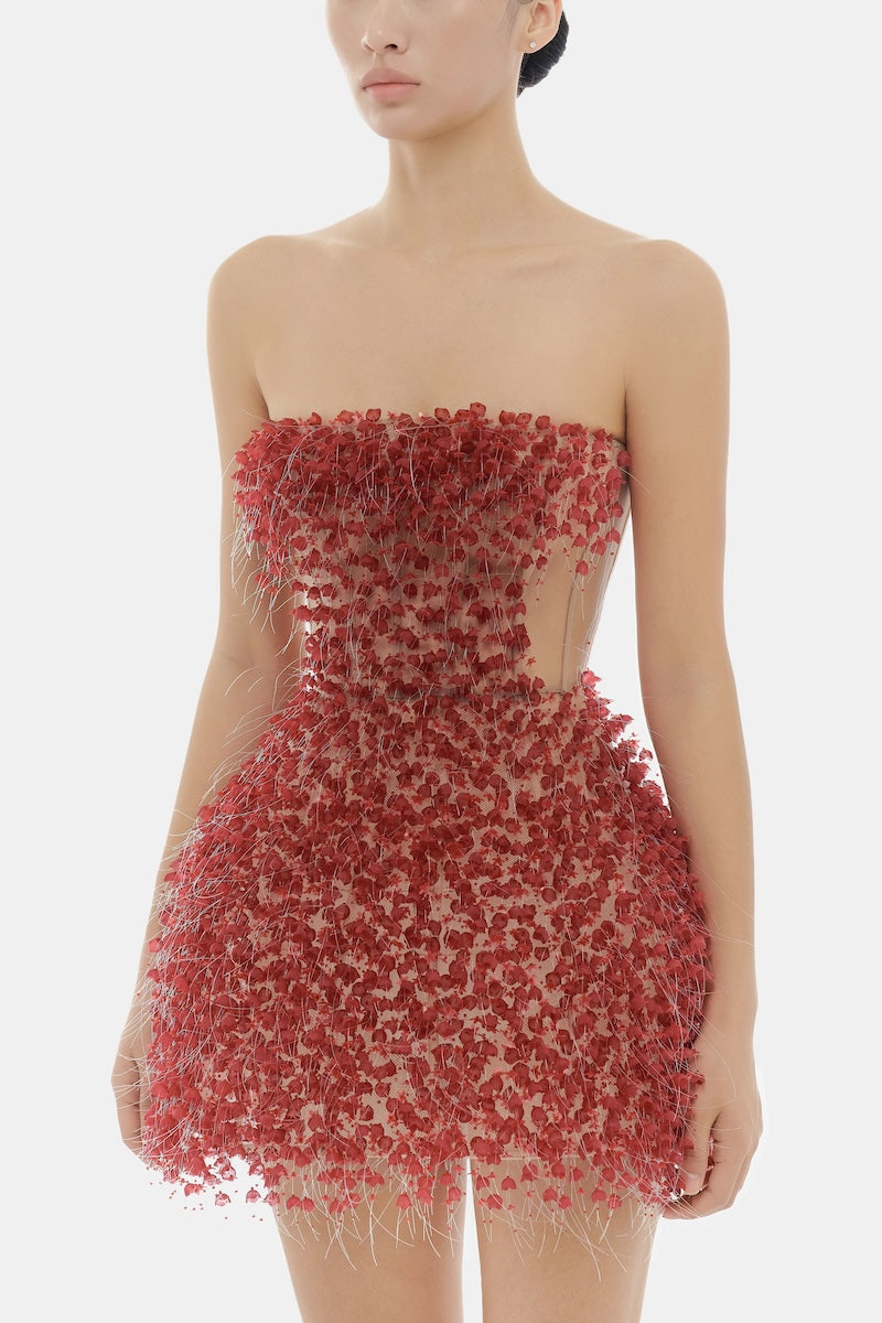 Red Flowers mini dress by Montsand featuring a floral pattern, sleeveless design, and lightweight fabric perfect for warm weather.