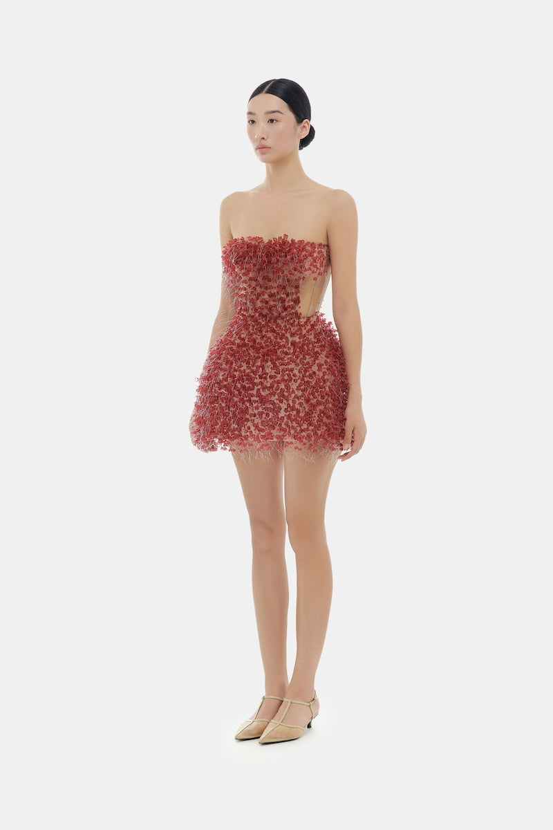 Montsand red flowers mini dress with a stylish floral pattern and fitted silhouette, perfect for casual or summer wear.