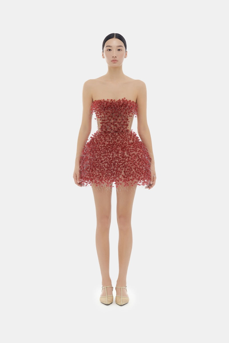 Red Flowers mini dress by Montsand, featuring a stylish floral pattern and a fitted silhouette, perfect for casual or summer wear.