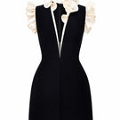 Black ruffle V-neck mini dress by Montsand featuring a stylish V-neckline and ruffled details, perfect for casual or evening wear.