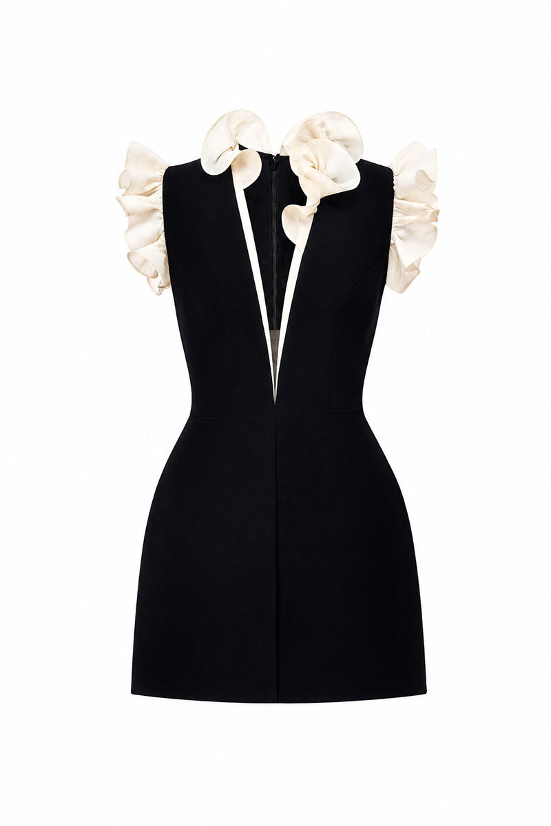 Black ruffle V-neck mini dress by Montsand featuring a stylish V-neckline and ruffled details, perfect for casual or evening wear.