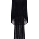 Black off-shoulder pleated maxi gown by Montsand, flowing fabric with elegant pleats, perfect for formal occasions.