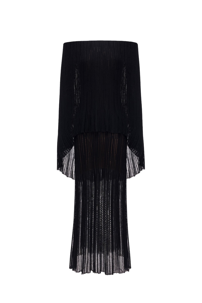 Black off-shoulder pleated maxi gown by Montsand, flowing fabric with elegant pleats, perfect for formal occasions.