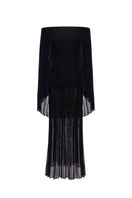 Black off-shoulder pleated maxi gown by Montsand, flowing fabric with elegant pleats, perfect for formal occasions.