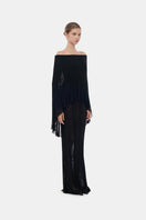Black off-shoulder pleated maxi gown by Montsand featuring flowing fabric and elegant design, perfect for formal occasions.