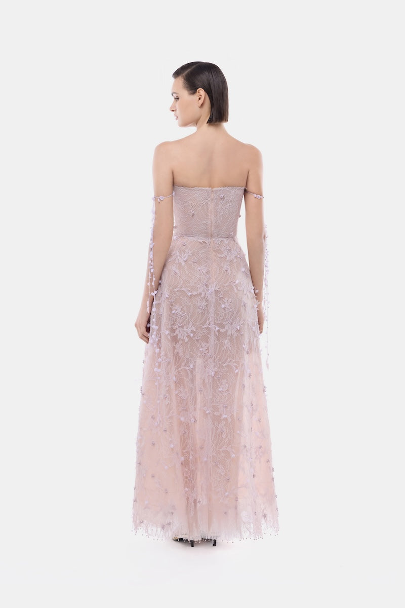 Montsand violet floral string maxi gown featuring a flowing design and delicate print, perfect for elegant occasions.