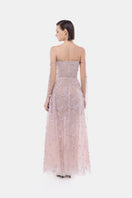 Montsand violet floral string maxi gown featuring a flowing design and delicate print, perfect for elegant occasions.