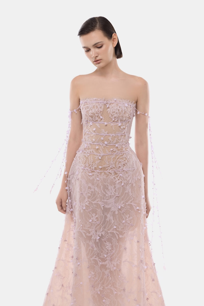 Violet floral print maxi gown by Montsand with flowing fabric and elegant design, perfect for formal occasions.