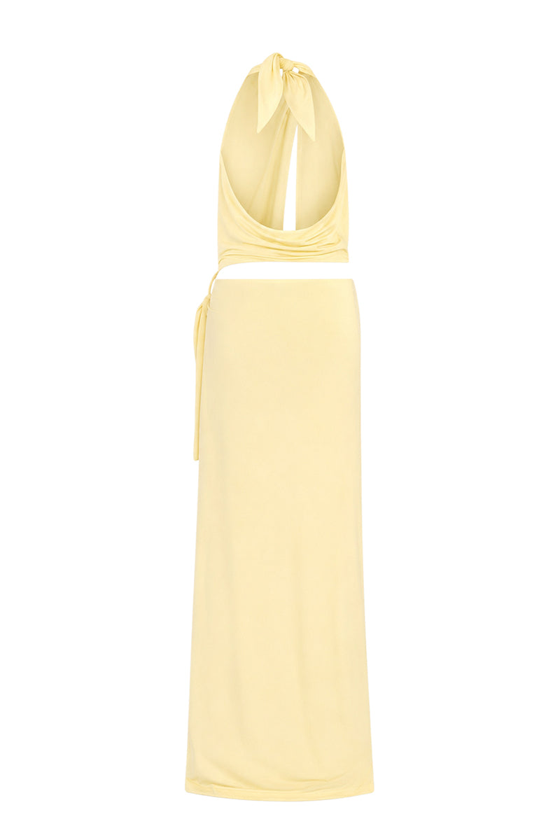 Awave butter yellow maxi dress with cut-out detailing, flowing fabric, and sleeveless design perfect for summer wear.