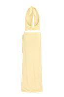 Awave butter yellow maxi dress with cut-out detailing, flowing fabric, and sleeveless design perfect for summer wear.