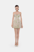 Montsand pastel corsetry mini dress with an attached detachable cape, stylish and elegant for special occasions.