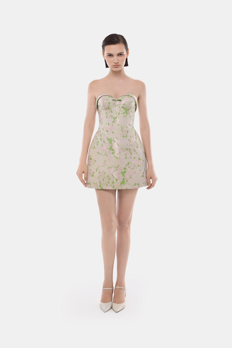 Montsand pastel corsetry mini dress with an attached detachable cape, stylish and elegant for special occasions.