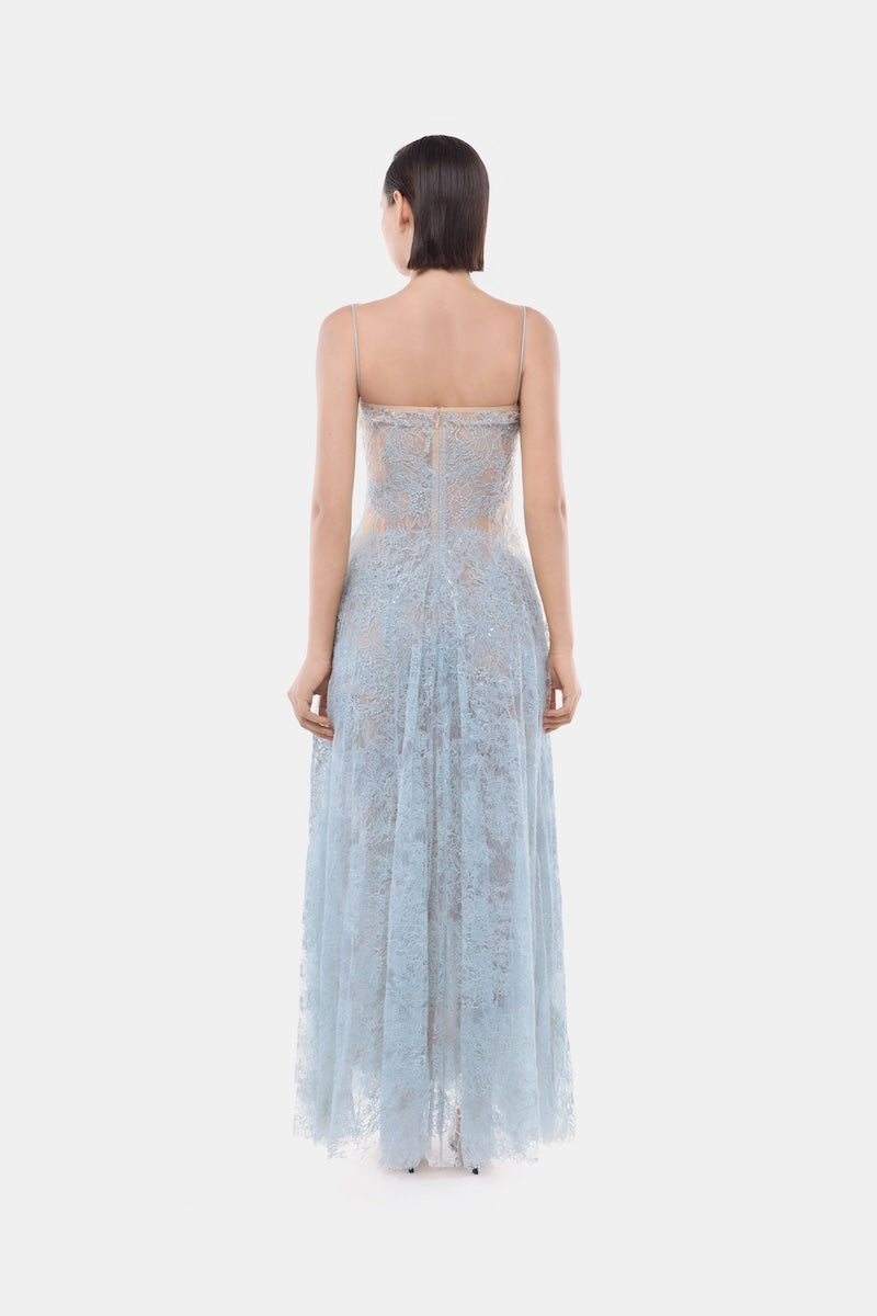 Blue straight neckline pleat gown by Montsand featuring elegant pleats and a sleek silhouette.