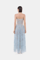 Blue straight neckline pleat gown by Montsand featuring elegant pleats and a sleek silhouette.