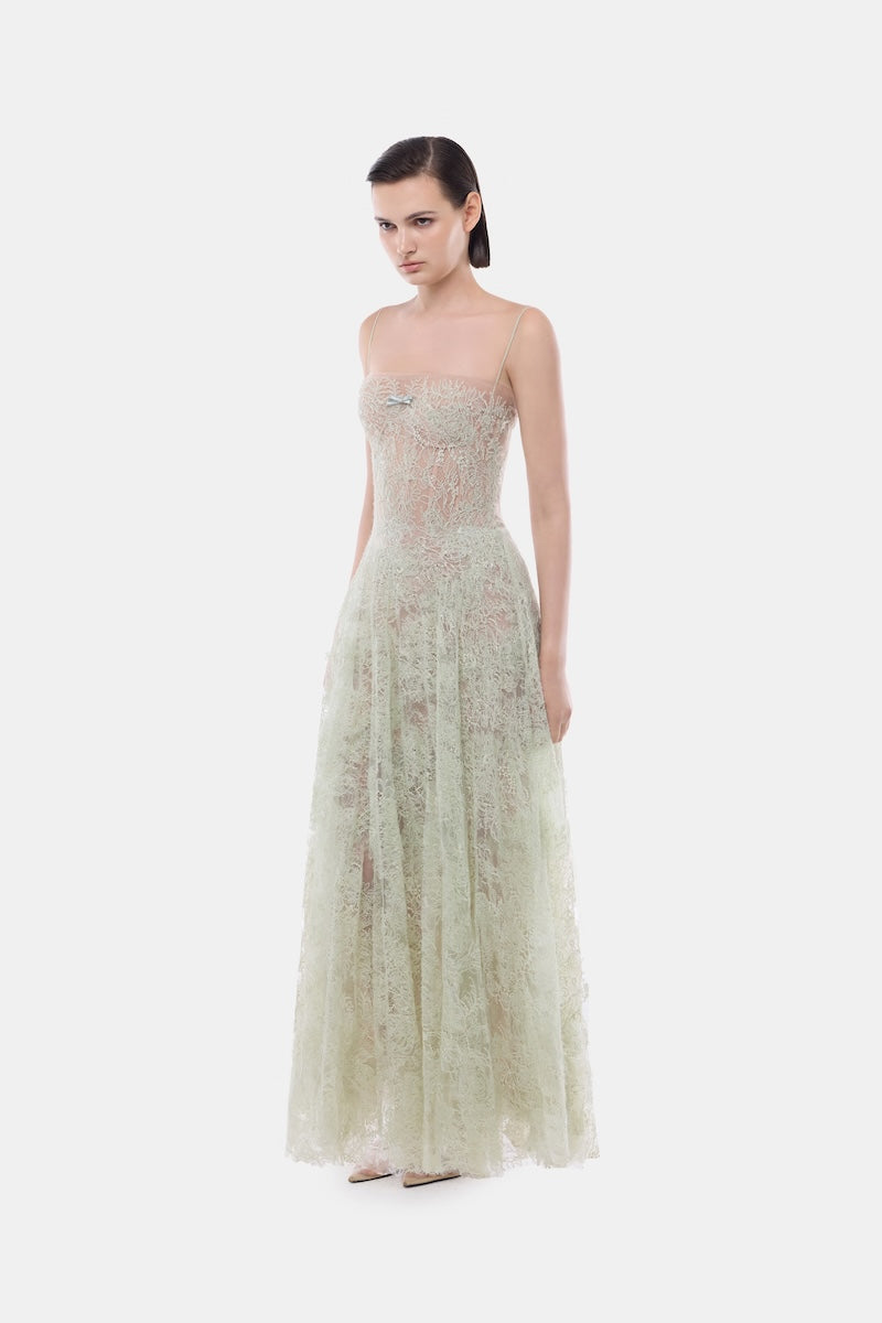 Mint straight neckline pleat gown by Montsand with elegant pleated details and a flowing, sophisticated silhouette.