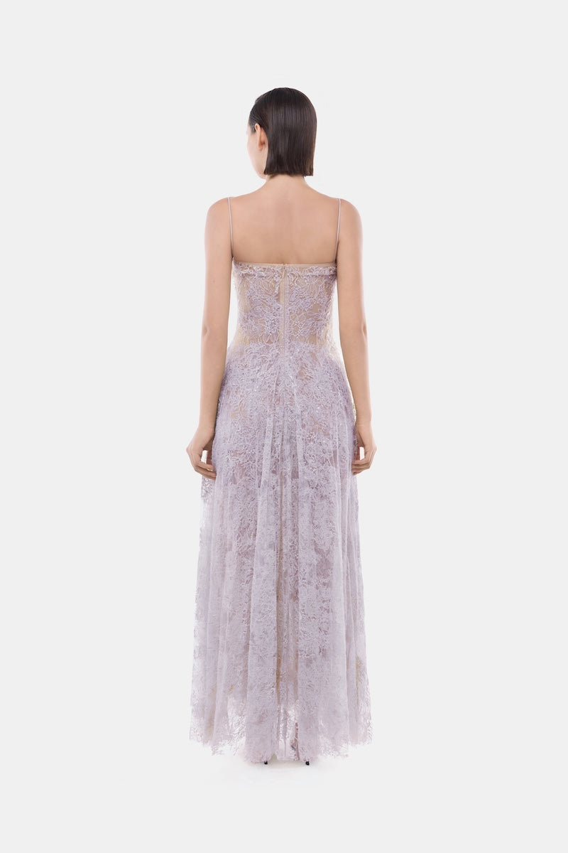 Elegant violet straight neckline pleat gown by Montsand, featuring a flowing design and subtle pleats, perfect for formal occasions.