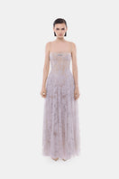 Montsand violet straight neckline pleat gown featuring a flowing fabric and elegant design, perfect for formal occasions.