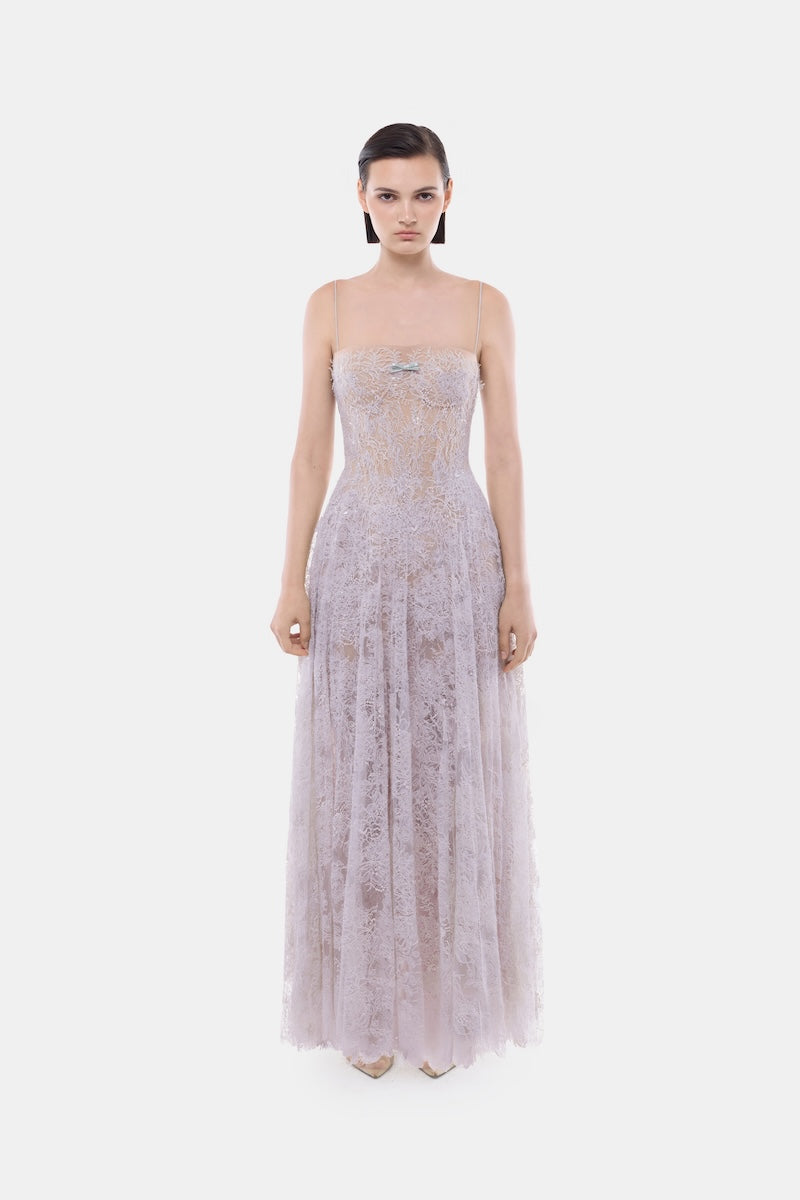 Montsand violet straight neckline pleat gown featuring a flowing fabric and elegant design, perfect for formal occasions.