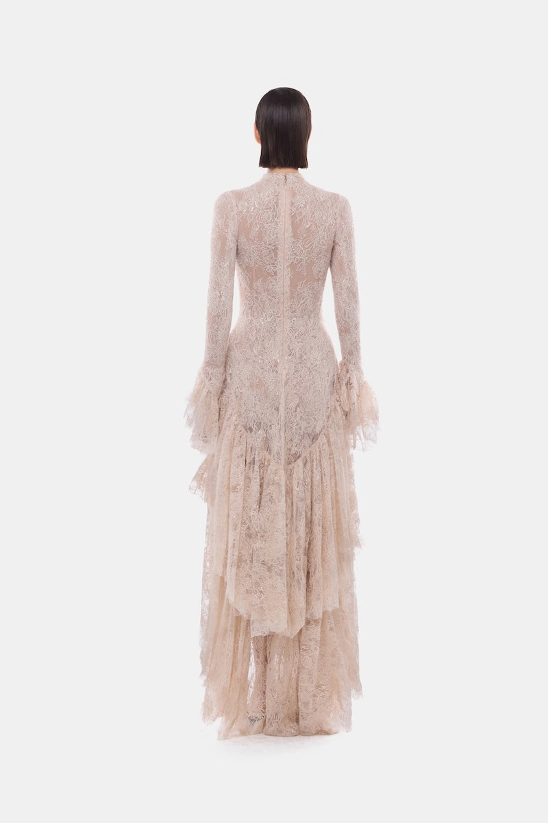 Montsand peach lace mullet gown featuring a fitted bodice and flowing asymmetrical hem, elegant evening dress for special occasions.