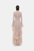 Montsand peach lace mullet gown featuring a fitted bodice and flowing asymmetrical hem, elegant evening dress for special occasions.
