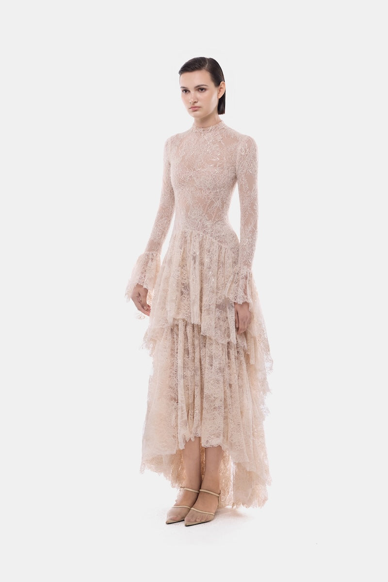Montsand peach lace mullet gown featuring a fitted bodice and flowing skirt, elegant evening dress with intricate lace details.
