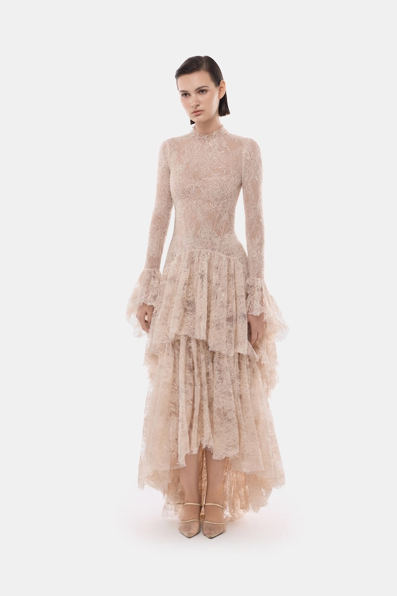 Montsand peach lace mullet gown with fitted bodice and flowing skirt, elegant evening dress perfect for formal occasions.