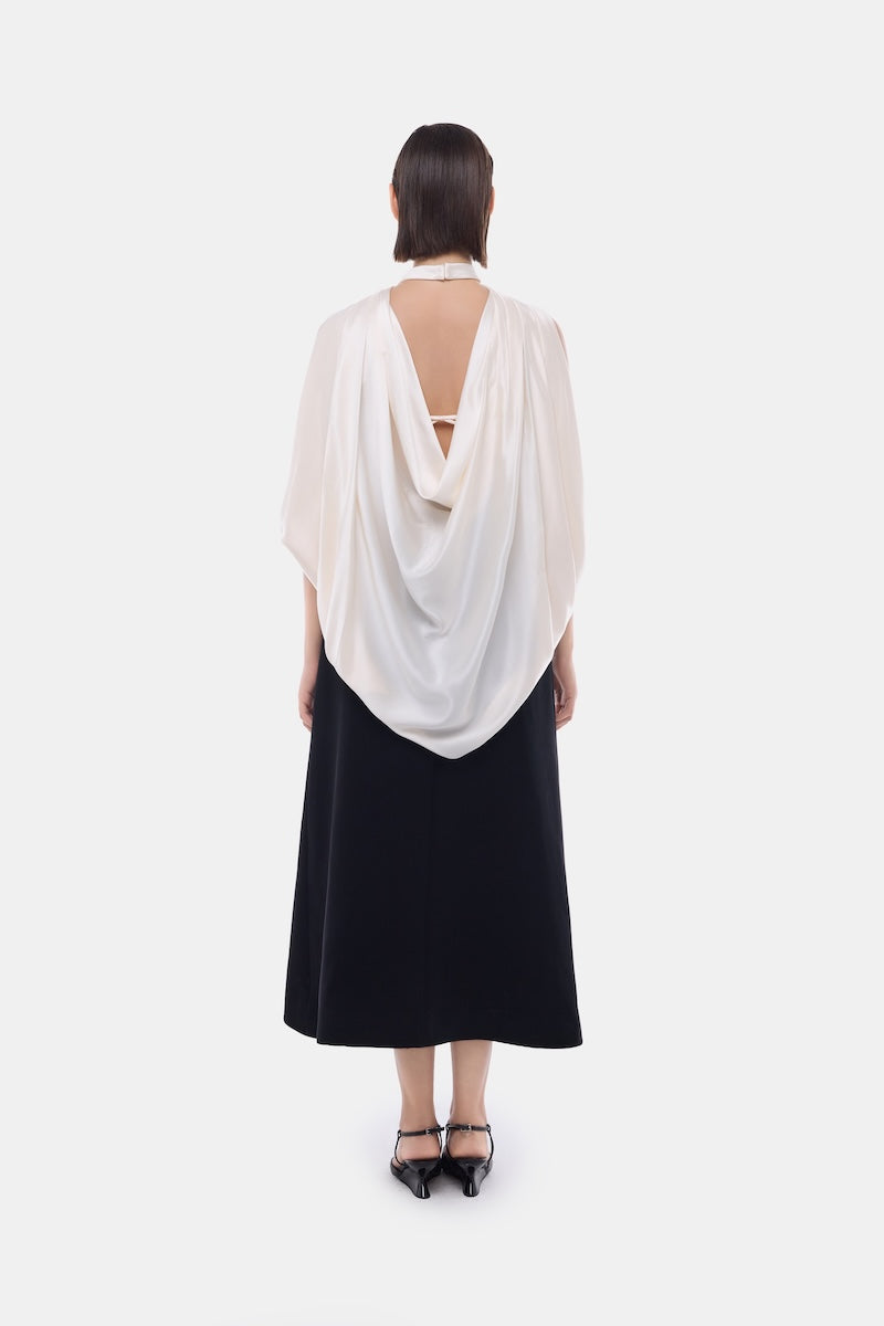 Montsand black midi dress with a scarf mock neck, featuring long sleeves and a fitted silhouette, perfect for elegant occasions.