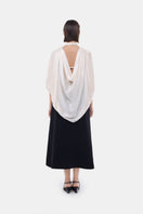 Montsand black midi dress with a scarf mock neck, featuring long sleeves and a fitted silhouette, perfect for elegant occasions.