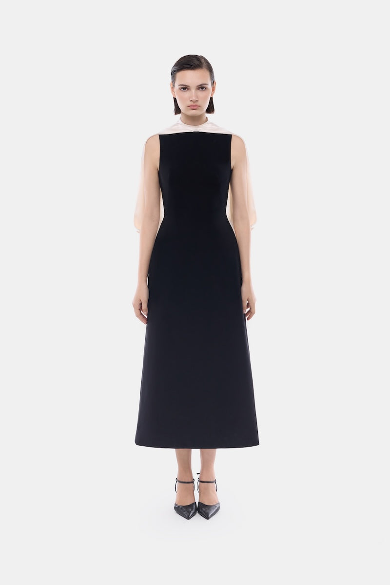 Black scarf mock neck midi dress by Montsand, featuring a stylish neckline and elegant length, perfect for versatile occasions.