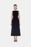 Black scarf mock neck midi dress by Montsand, featuring a stylish neckline and elegant length, perfect for versatile occasions.