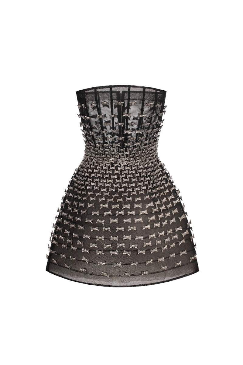 Black silver bow strapless mini dress by Montsand, featuring a fitted silhouette and stylish bow detail at the bust.